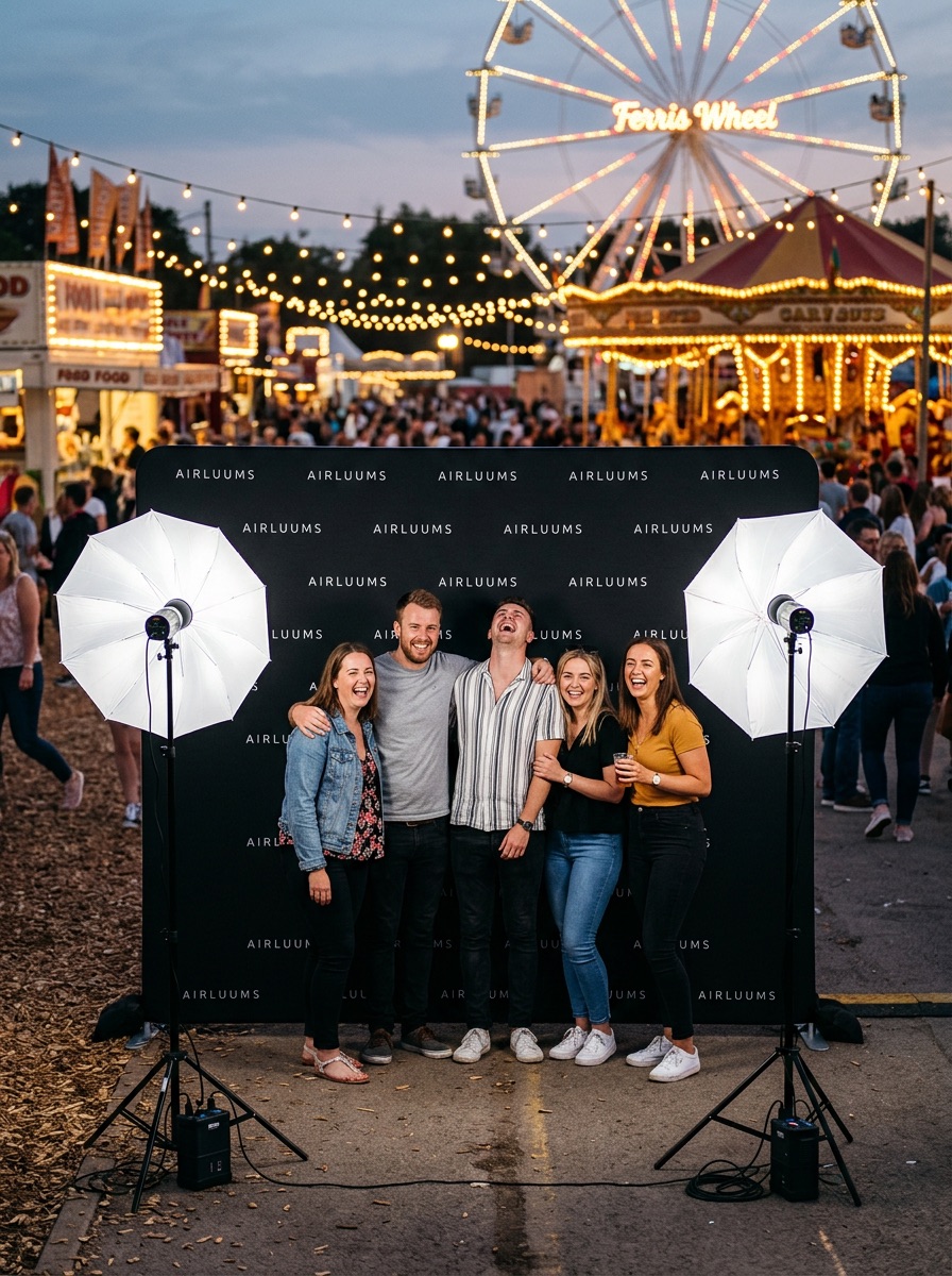 AIRLUUMS step-and-repeat backdrop with flash setup at a fair