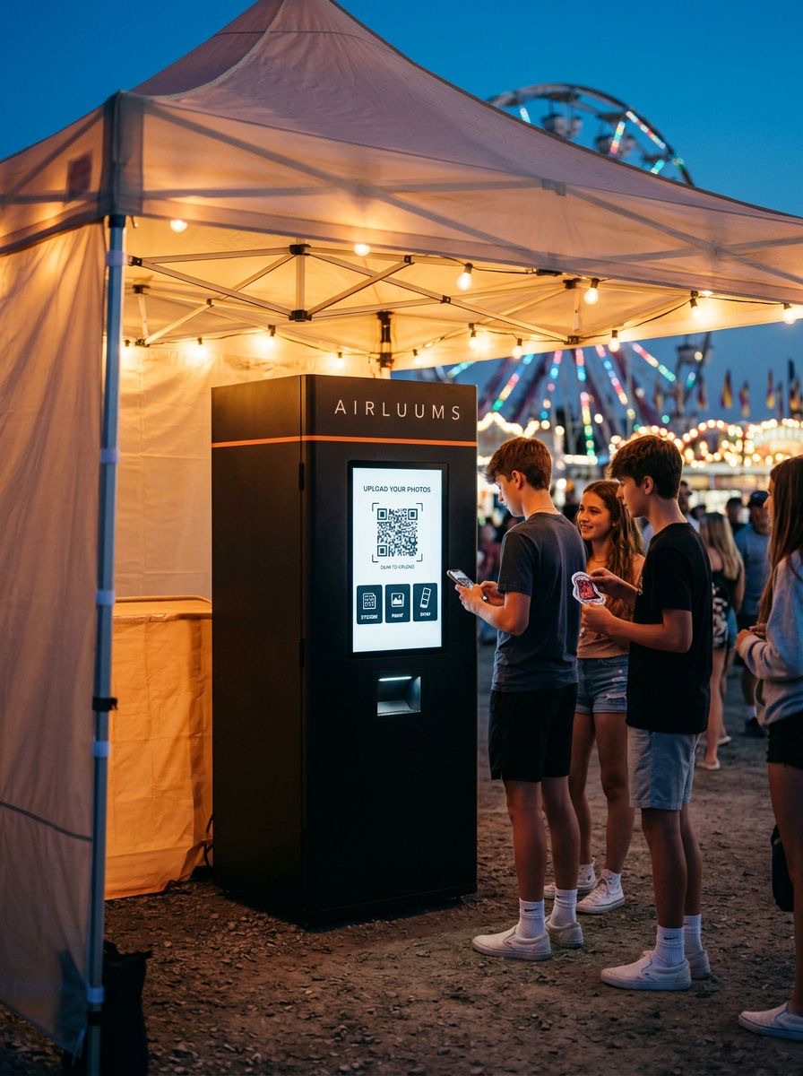The AIRLUUMS vending kiosk under a glowing tent at a summer fair at dusk