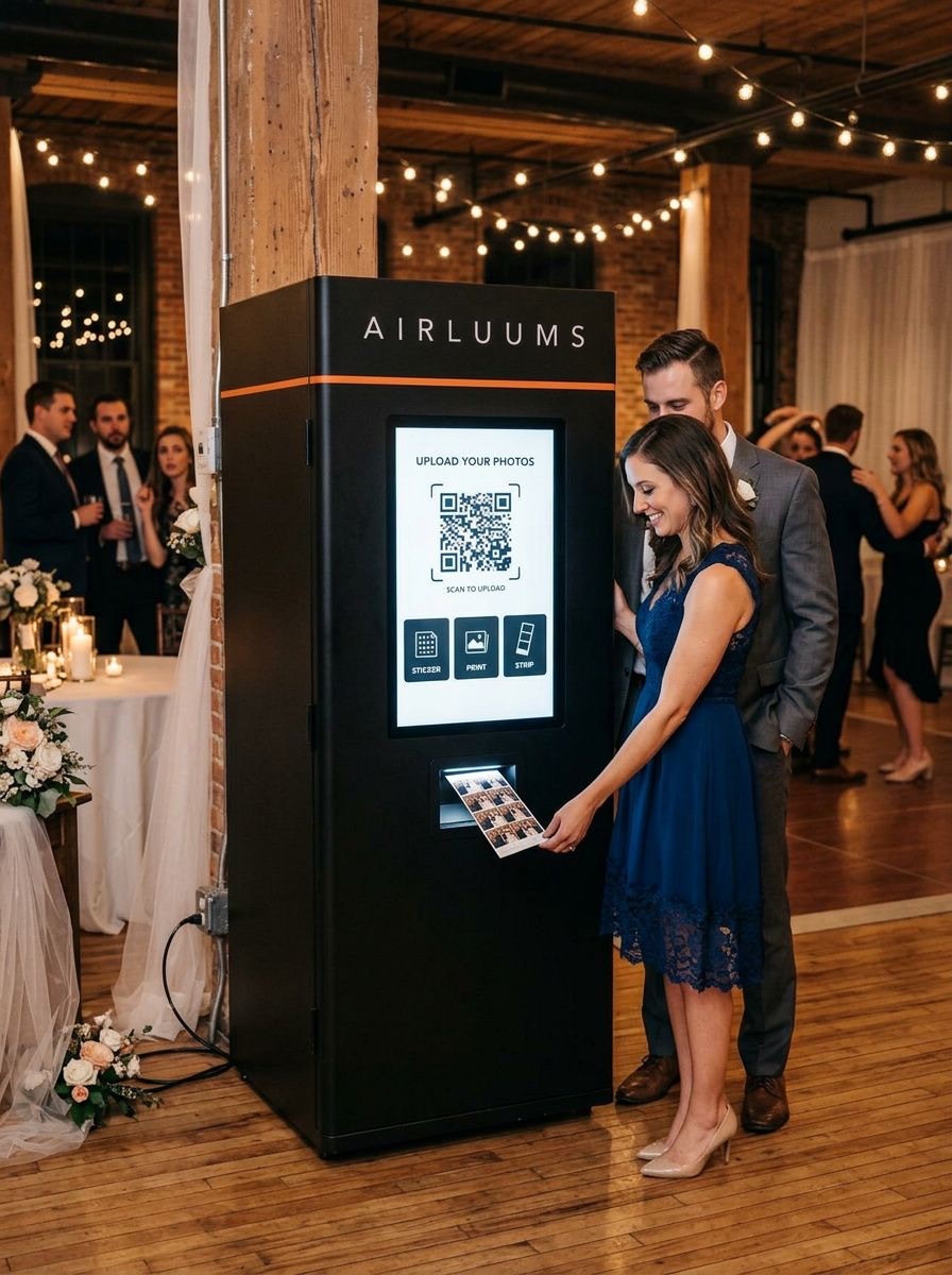 The AIRLUUMS kiosk at a wedding reception — collecting a fresh photo strip