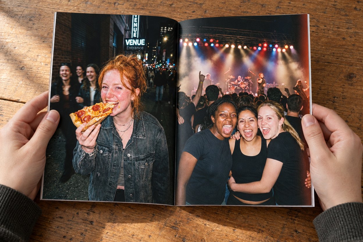 Open zine spread — flash photos of friends dancing