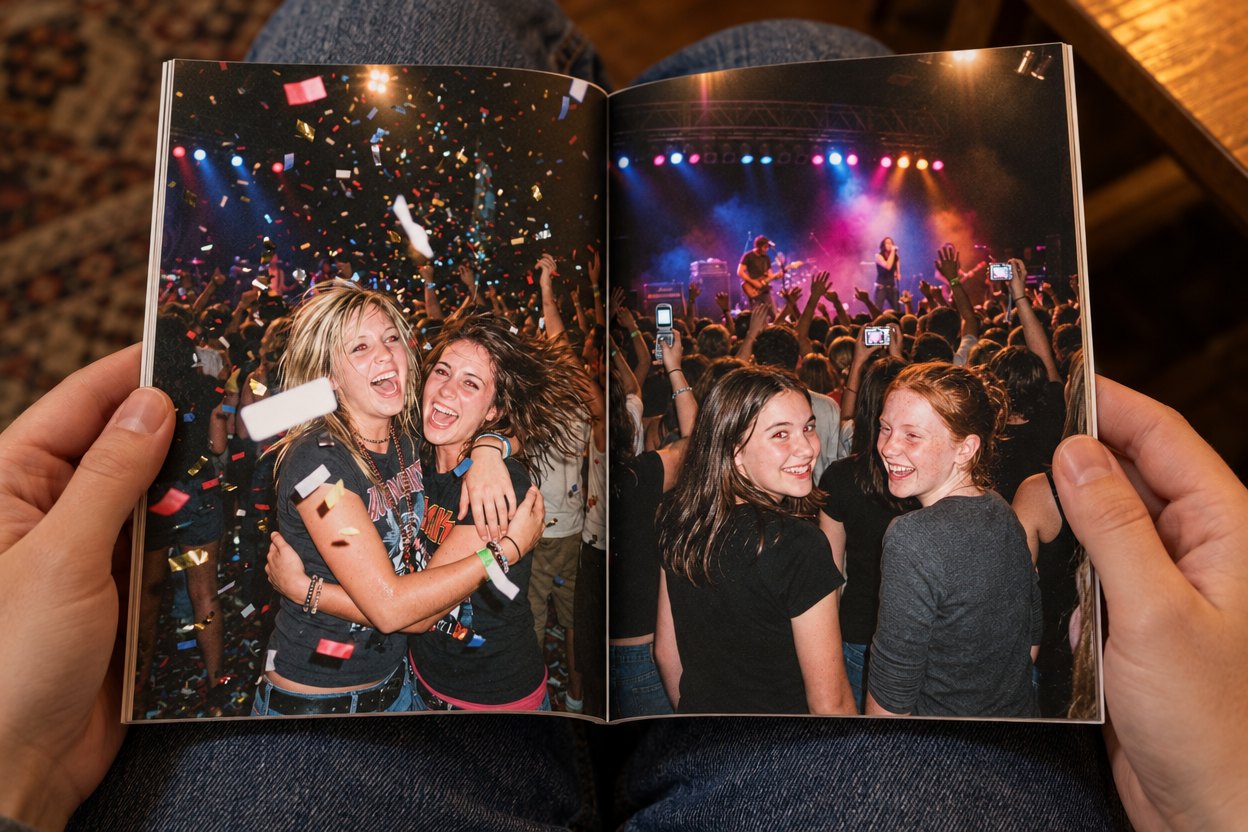 The zine held open on a lap — confetti and the front row